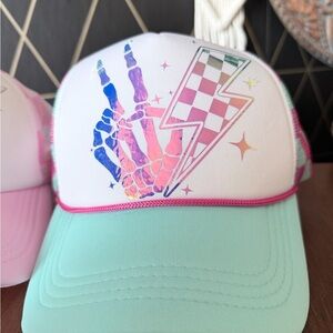 Holographic Trucker Hat with Skeleton Racing Flag